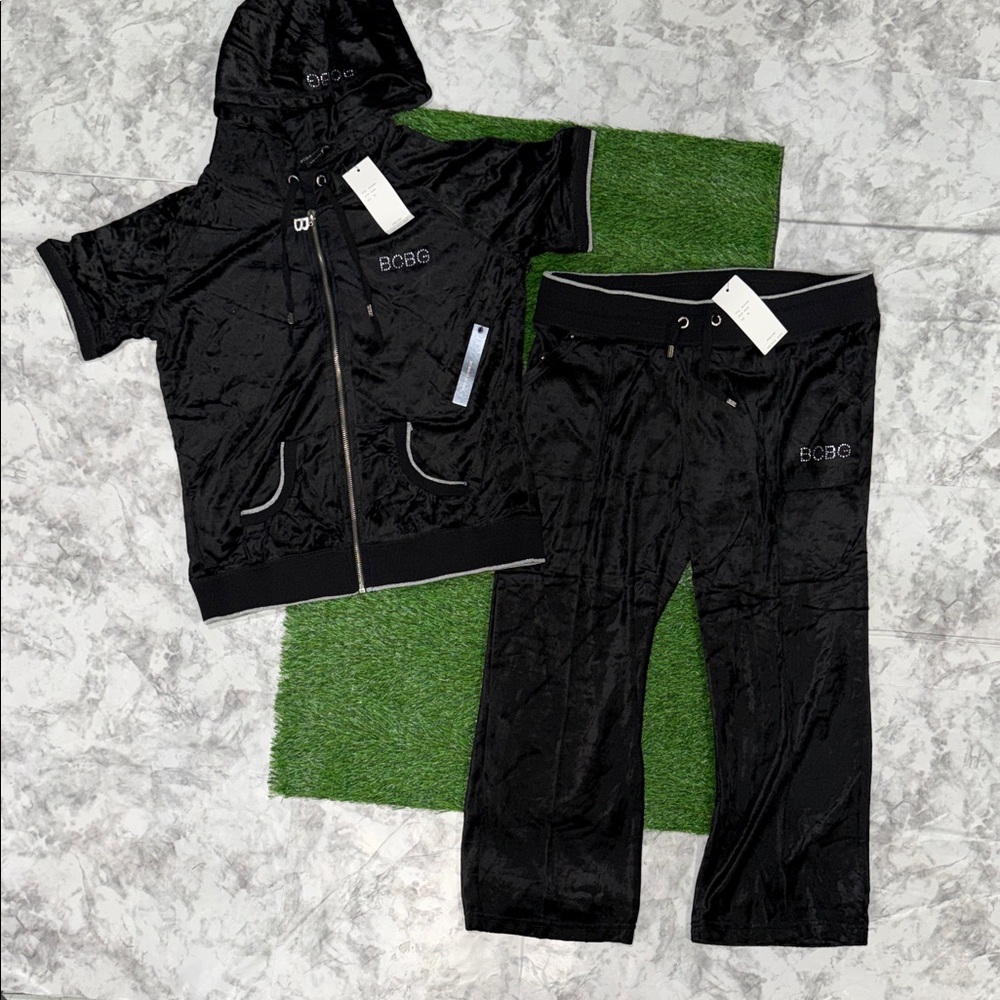 BCBG Black Velour Hoodie and Pants Ensemble